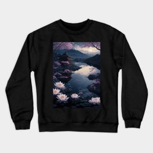 Serene Mount Fuji Sunset - Peaceful River Scenery - Lotus Flowers Crewneck Sweatshirt